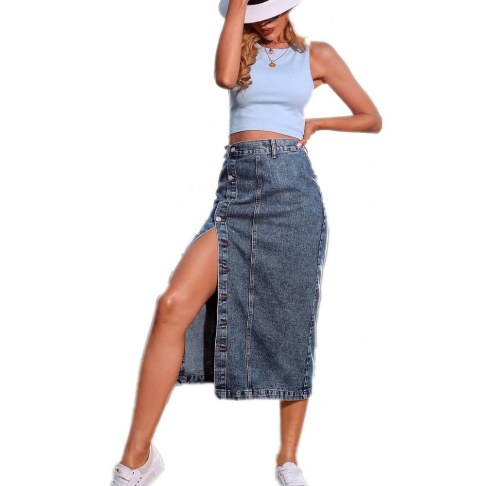 Women's Casual High Waisted Solid Button Up Blue Denim Jean Midi Skirt